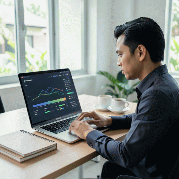 Seorang freelancer profesional yang bekerja di ruang kerja modern yang terorganisir, menggunakan sistem pelacakan digital untuk mengelola prospek klien dan proyek, menunjukkan fokus dan sistematisasi dalam bekerja.