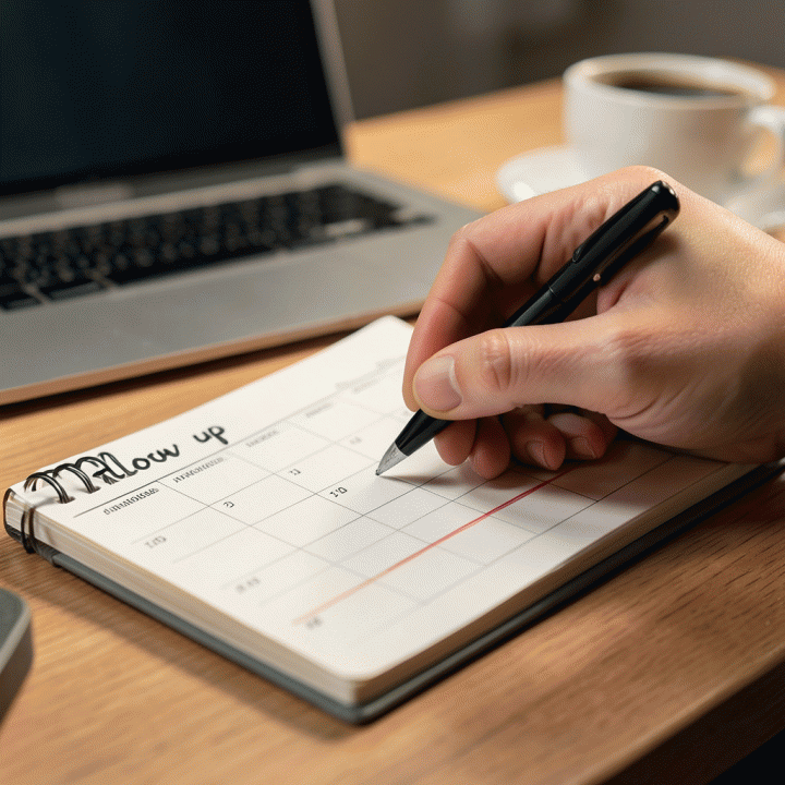 Tangan sedang menandai kalender atau catatan fisik dengan pengingat &lsquo;follow up&rsquo;, menekankan pentingnya tindak lanjut yang terorganisir.