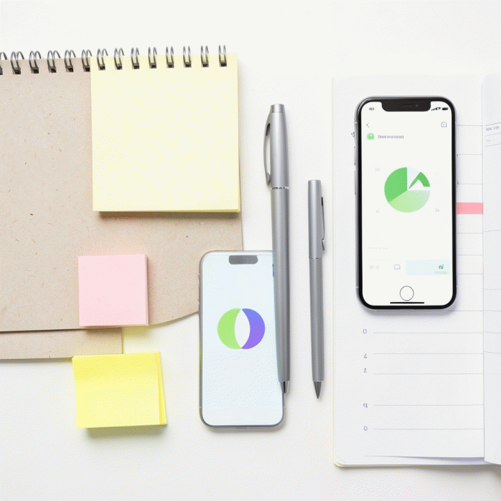 Tampilan datar (flat lay) dari peralatan kerja profesional yang terorganisir seperti buku catatan, sticky notes, dan smartphone, menunjukkan sistem pelacakan karir yang rapi.