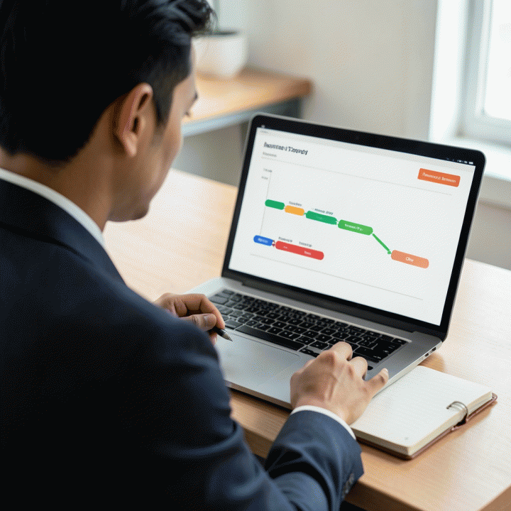 Profesional muda Indonesia melihat layar laptop yang menampilkan visualisasi pipeline karir yang terstruktur, menunjukkan tahapan follow-up yang jelas.