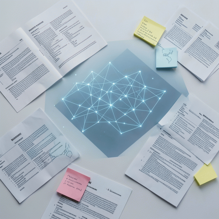 Tampilan atas (flat lay) dari tumpukan catatan dan dokumen lamaran kerja yang berubah menjadi peta jaringan visualisasi data yang terstruktur.