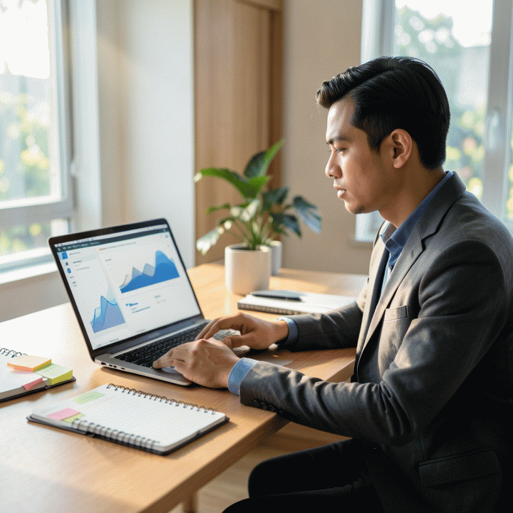 Seorang profesional muda Indonesia bekerja di meja yang terorganisir, menggunakan laptop dan sistem pencatatan untuk melacak kemajuan karir secara strategis.
