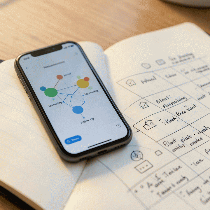 Perbandingan antara sistem pelacakan digital pada ponsel dan catatan fisik yang terstruktur untuk mengelola prospek karir dan lamaran kerja.