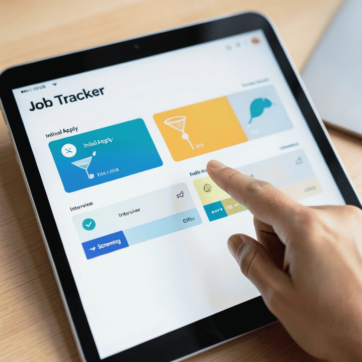 Visualisasi dashboard pelacak lamaran kerja di tablet, menunjukkan tahapan progres karir yang terorganisir dengan grafik dan warna kode, tanpa teks yang bisa dibaca.