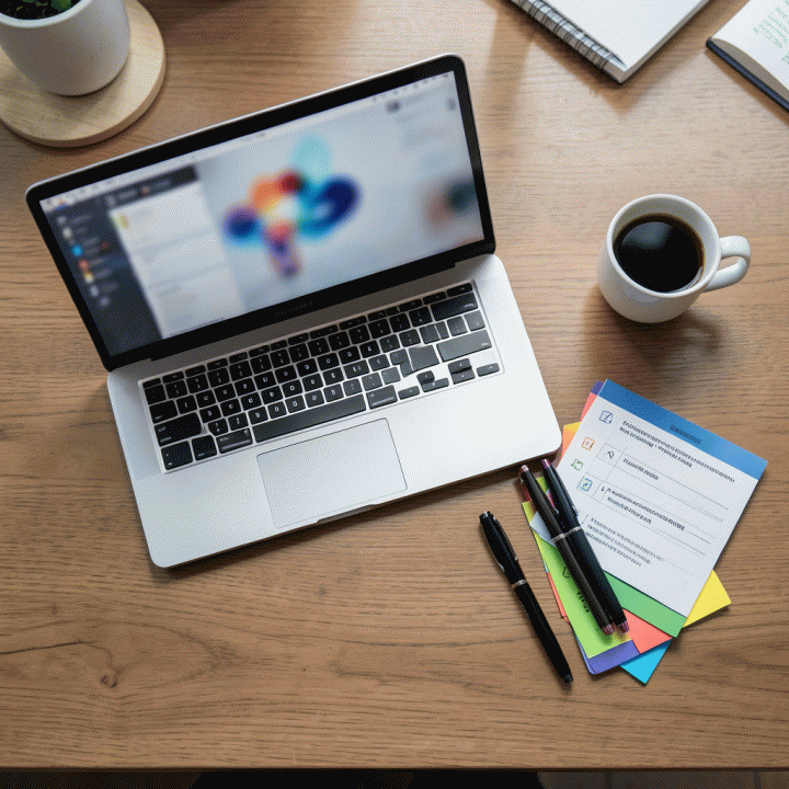 Tampilan atas meja kerja yang menunjukkan alat-alat bantu perencanaan dan organisasi untuk menindaklanjuti prospek karier, termasuk buku catatan berwarna dan laptop dengan antarmuka abstrak.