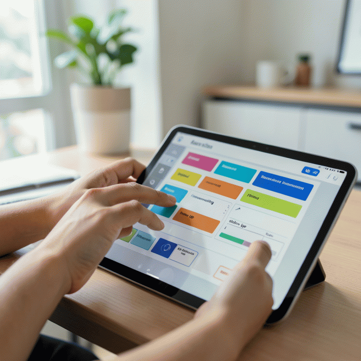 Tangan seseorang sedang mengelola sistem pelacakan progres karier digital (Kanban board) pada tablet, menunjukkan tahapan lamaran kerja yang terstruktur dan visual.