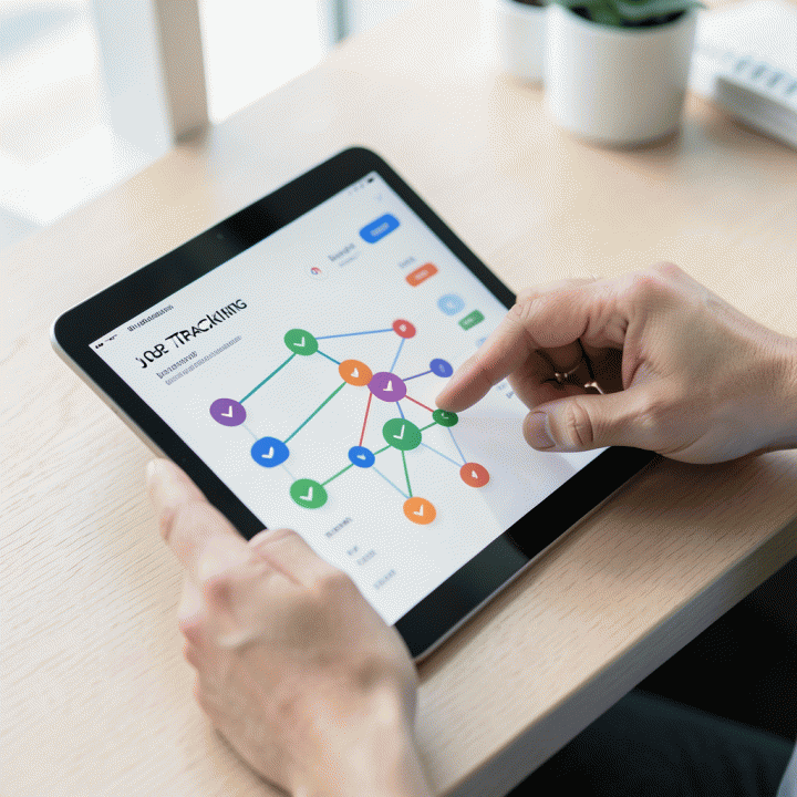 Tangan yang sedang mencatat atau memasukkan data prospek kerja ke dalam tablet yang menampilkan dashboard pelacakan abstrak.