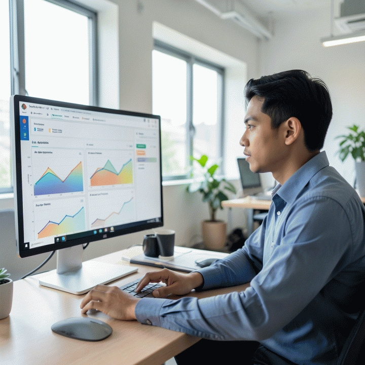 Seorang profesional Indonesia di co-working space sedang melihat dashboard digital yang rapi dan terorganisir, menunjukkan sistem pelacakan progres lamaran kerja dan prospek karier secara visual.