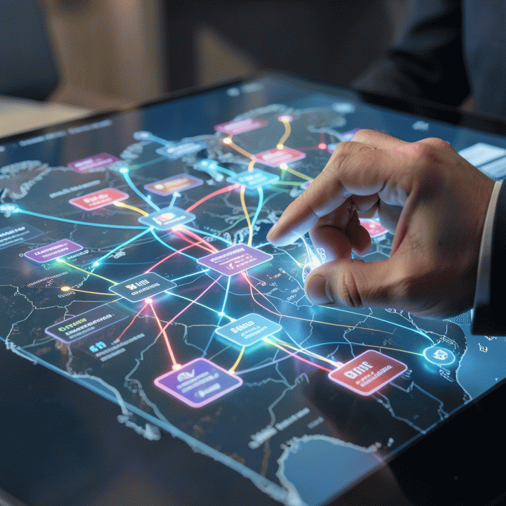 Cinematic digital visualization of a job seeker tracking their career journey and application history on an interactive data map, emphasizing data-driven success.