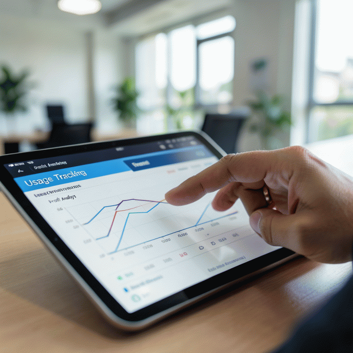 Tangan yang menunjuk ke dasbor digital yang menampilkan grafik analisis penggunaan dan keuntungan dari sistem manajemen sewa.