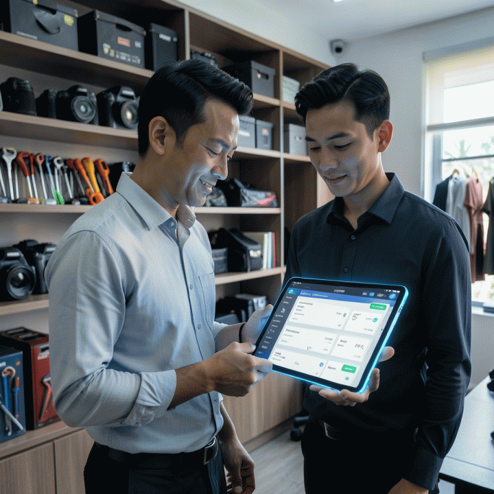 Pemilik bisnis rental modern menggunakan tablet digital yang menampilkan dasbor manajemen inventaris dan pemesanan yang terintegrasi, melambangkan otomatisasi operasional.