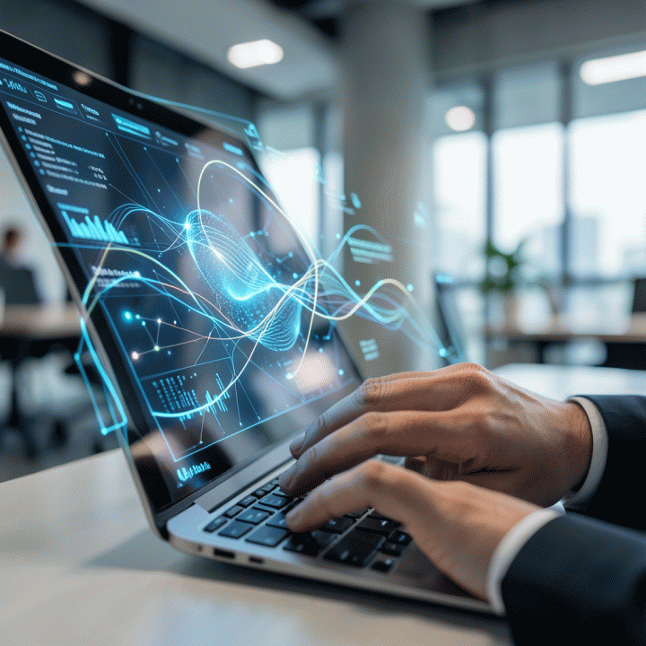 Tangan seorang pengguna memasukkan ide strategi pemasaran ke dalam antarmuka digital yang bercahaya, melambangkan proses perencanaan strategi menggunakan AI.