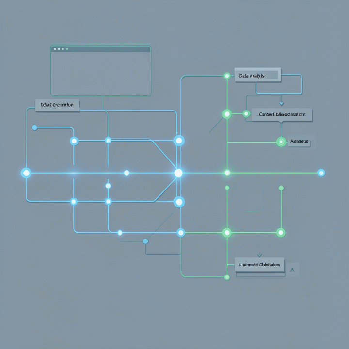 Visualisasi sistem otomatisasi marketing digital yang terhubung sebagai diagram alur kerja dan alur kerja yang bersih dan terintegrasi, menekankan otomatisasi menggunakan AI.