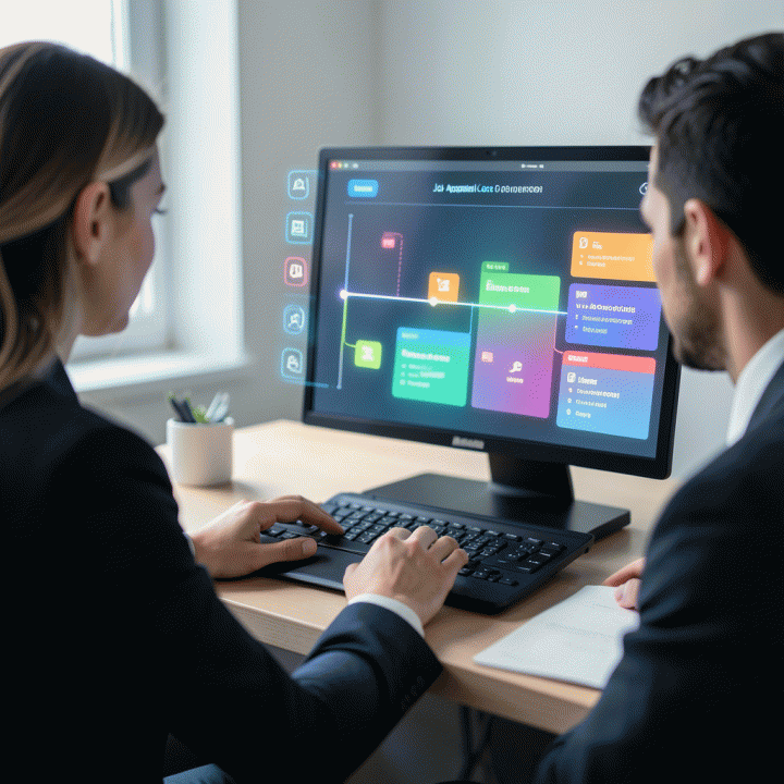 Holographic interface displaying an organized timeline of job applications for job tracking and career management.