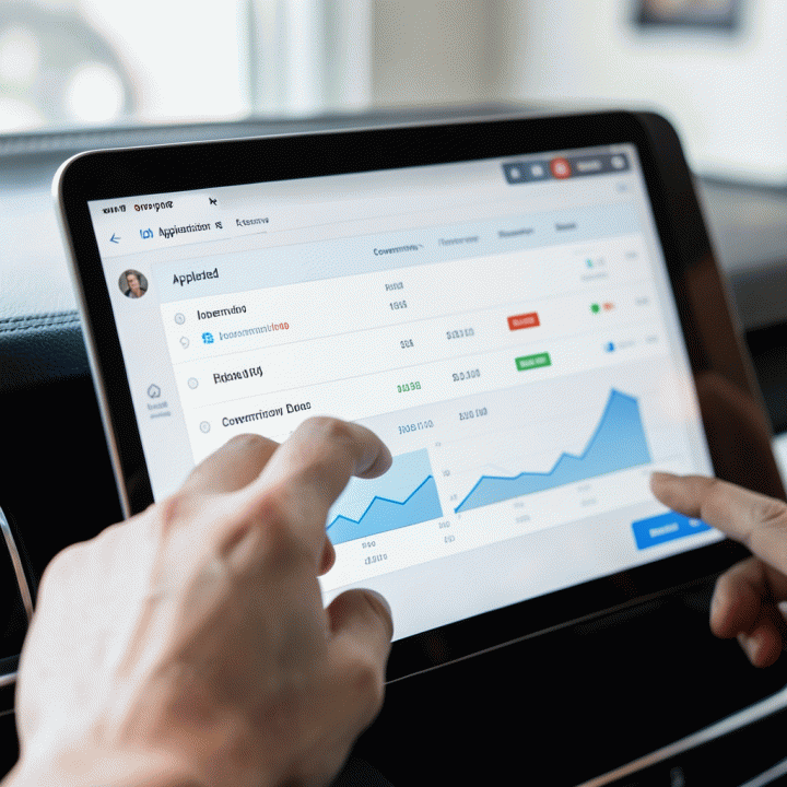 Hand interacting with a digital dashboard tracking job applications and conversion rates.
