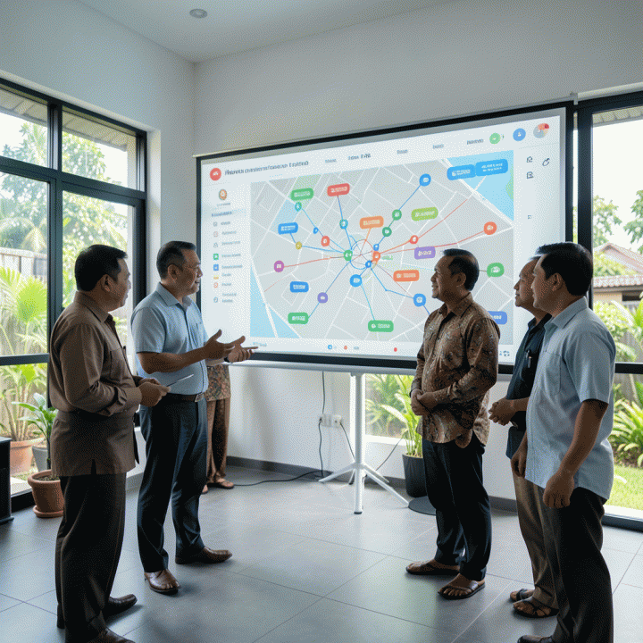 Pengurus komunitas modern Indonesia berinteraksi dengan sistem peta digital untuk mengelola administrasi lingkungan dan notifikasi publik.