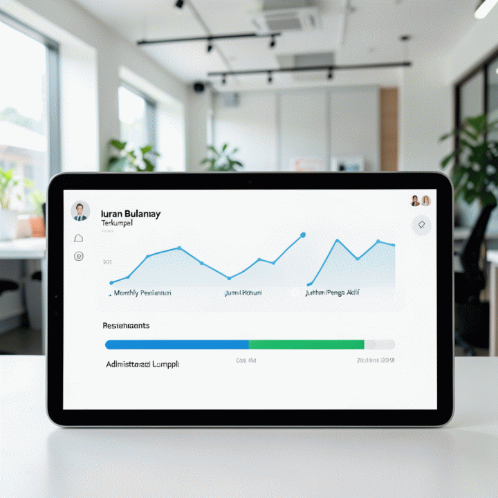 Dashboard digital yang menampilkan visualisasi data keuangan dan administrasi komunitas secara transparan.