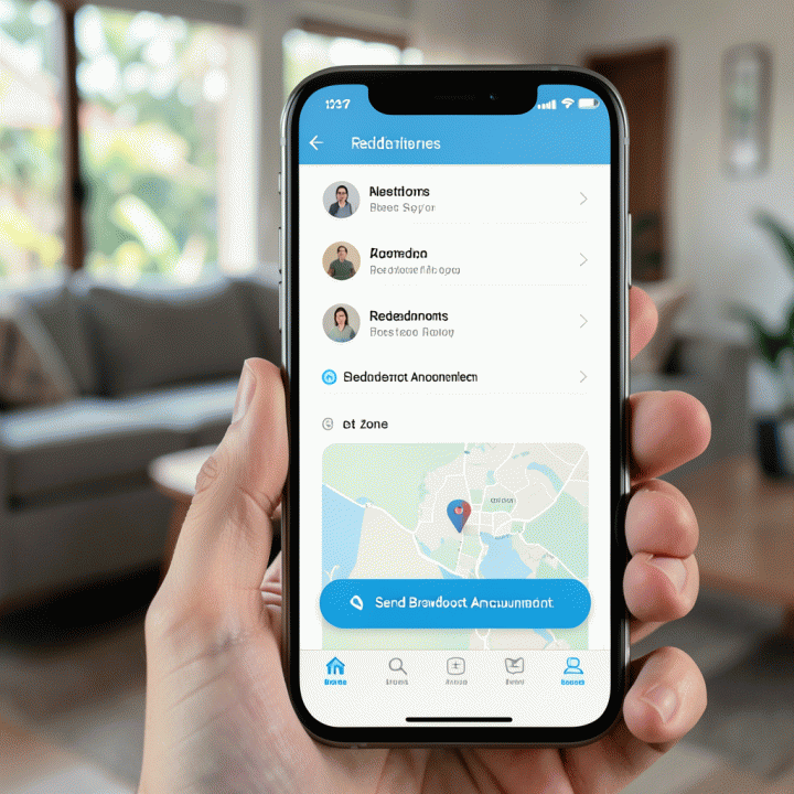 Tampilan antarmuka smartphone yang menunjukkan fitur pengiriman pengumuman massal ke zona komunitas tertentu.