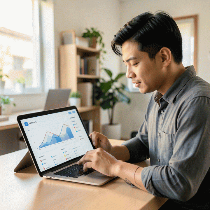 Seorang profesional muda Indonesia yang fokus menggunakan tablet di ruang kerja modern, melihat dashboard manajemen prospek yang terstruktur dan rapi.