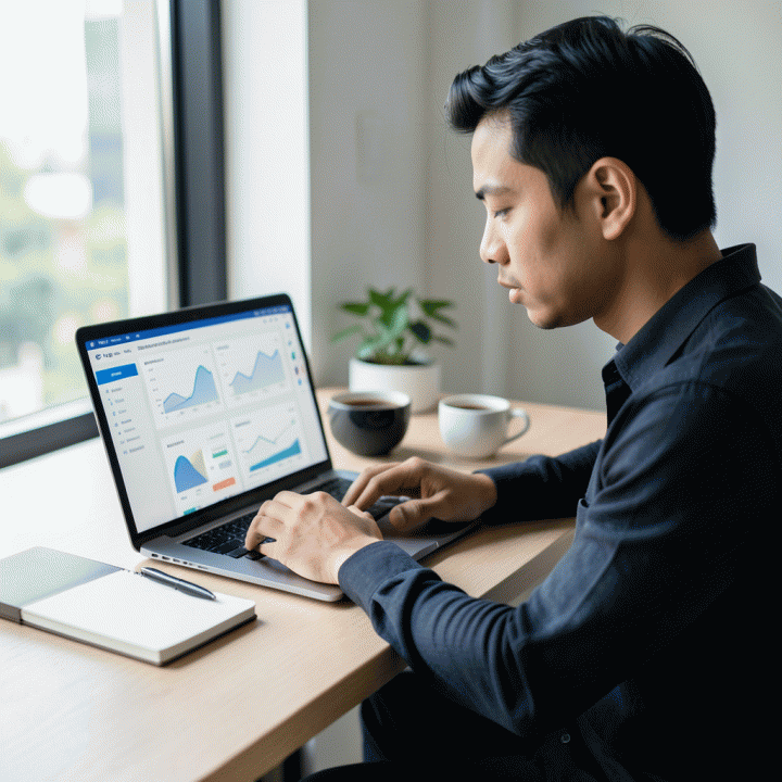 Seorang profesional muda Indonesia yang duduk di meja modern, fokus bekerja pada laptop yang menampilkan dasbor manajemen prospek kerja dan klien yang terorganisir, melambangkan sistem tracking lamaran kerja yang efektif.