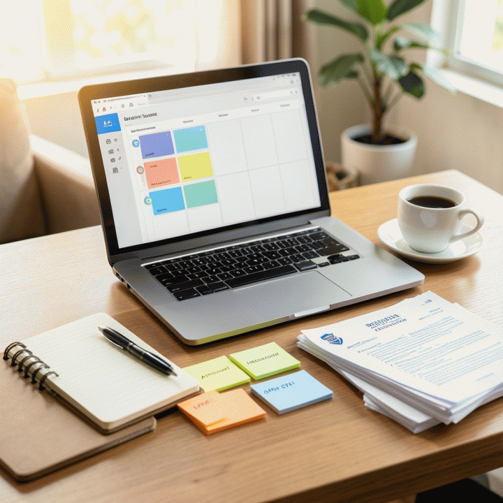 Foto meja kerja yang terorganisasi dengan sistem tracking lamaran kerja, termasuk sticky notes, buku catatan, dan laptop yang menampilkan dashboard manajemen prospek kerja.
