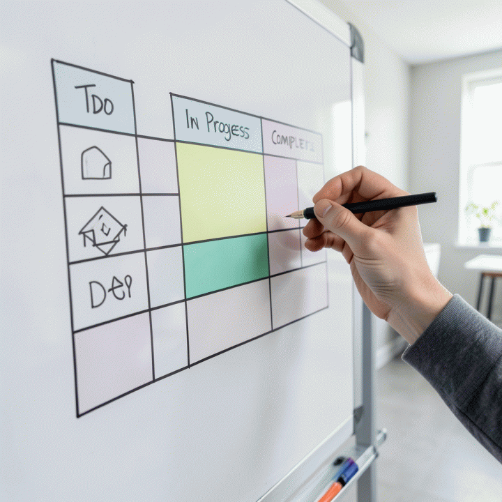 Gambar tangan yang membuat diagram alir atau kanban board di papan tulis, menunjukkan langkah-langkah terstruktur dalam melamar pekerjaan.