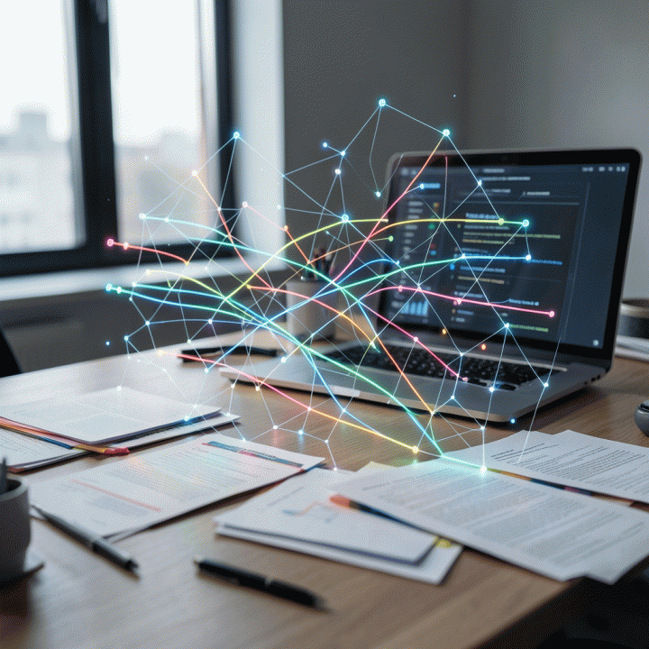 Visualisasi abstrak pengelolaan data dan prospek kerja yang berubah dari acak menjadi terstruktur dalam bentuk digital.
