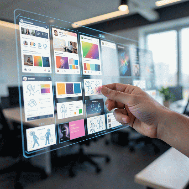 Tangan berinteraksi dengan antarmuka hologram AI yang menampilkan berbagai aset desain visual siap pakai, menunjukkan proses kreasi yang cepat dan terorganisir.