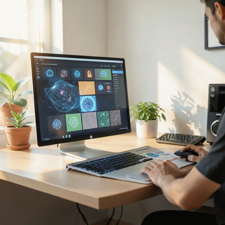 Representasi visual AI yang menghasilkan aset desain grafis yang beragam dan berkualitas tinggi di meja kerja modern, melambangkan skalabilitas desain untuk bisnis kecil.