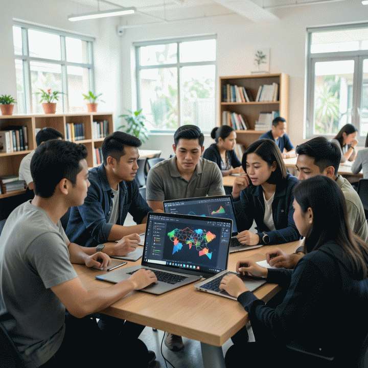 Ilustrasi fotorealistik mahasiswa Indonesia yang sedang berdiskusi dan melakukan asesmen diri di ruang belajar modern, melambangkan penemuan potensi karier.