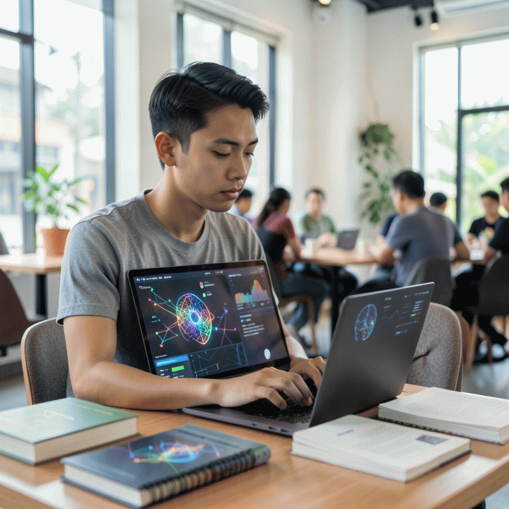 Mahasiswa muda Indonesia sedang melakukan asesmen diri di kafe modern menggunakan laptop untuk memetakan potensi dan minat karier mereka.