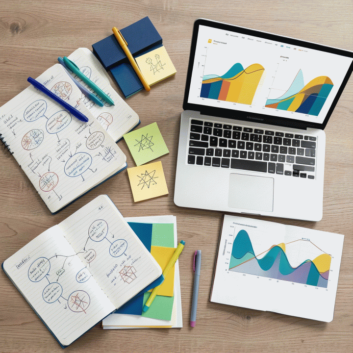 Perlengkapan self-assessment di atas meja kayu yang berisi buku catatan dan laptop dengan visualisasi data abstrakt
