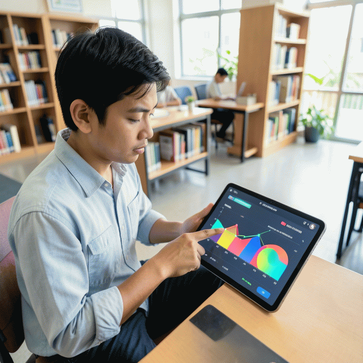Mahasiswa sedang menganalisis grafik hasil self-assessment di tablet, menunjukkan kemajuan pemahaman diri dan potensi karier.