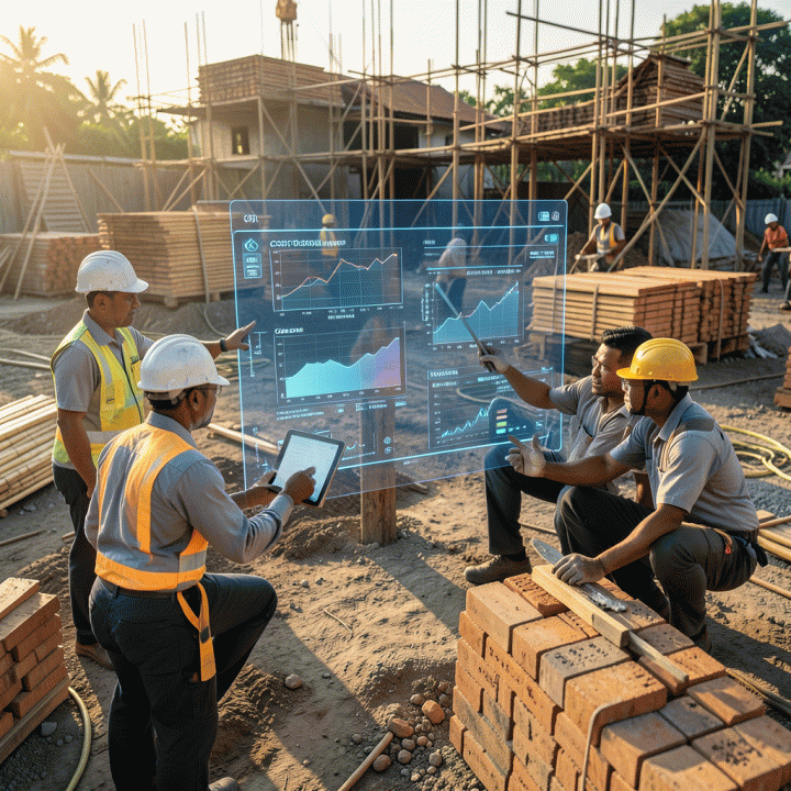 Kontraktor dan manajer proyek di lokasi konstruksi yang sibuk mengawasi dashboard digital berisi grafik kontrol biaya dan progres proyek secara real-time.