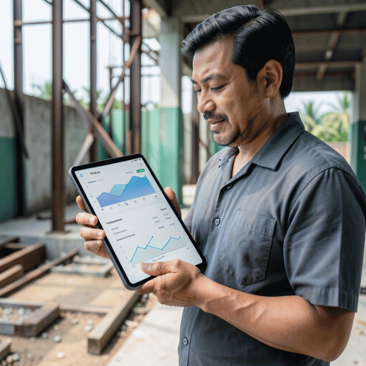 Manajer proyek menggunakan tablet di lokasi konstruksi untuk memantau estimasi biaya dan progres harian sebuah bangunan.