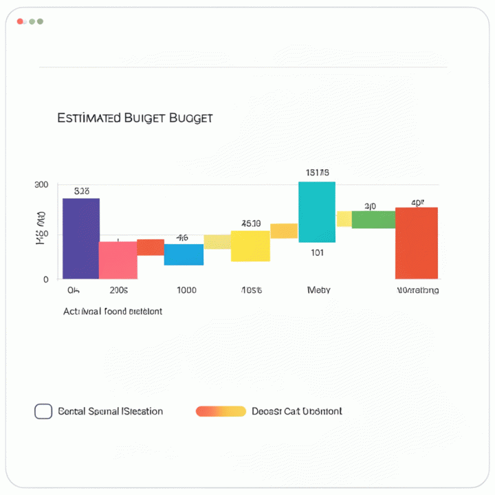 Abstract visualization of estimated budget versus actual spending timeline using color-coded bar charts for cost control.