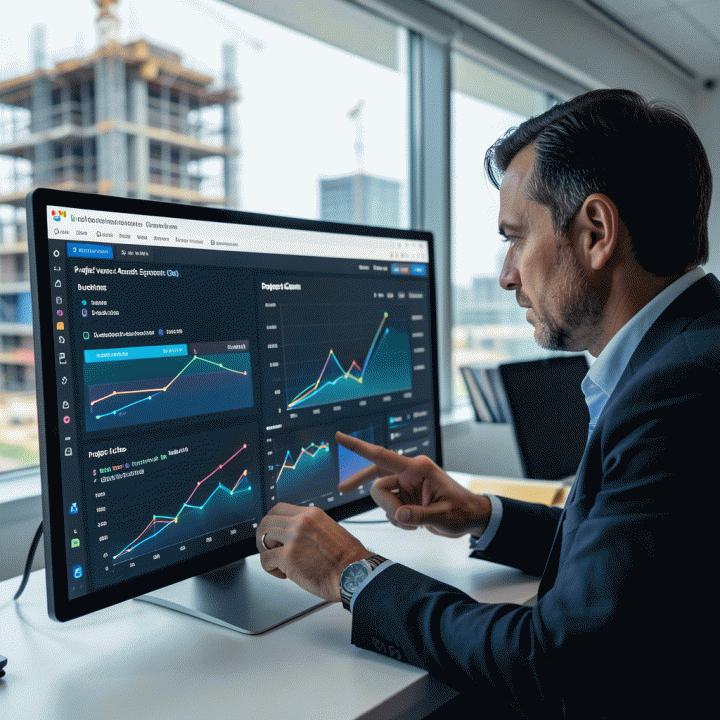Man analyzing a digital dashboard for real-time project cost and progress tracking on a computer screen during project management.