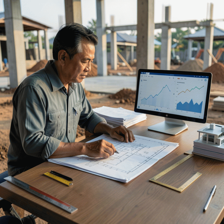 Manajer proyek konstruksi Indonesia profesional sedang mengawasi blueprint dan laporan keuangan di lokasi proyek yang rapi, melambangkan kontrol biaya yang akurat.