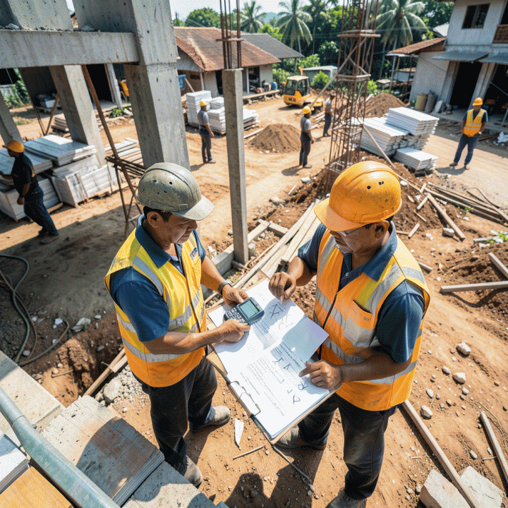 Pekerja proyek konstruksi Indonesia sedang memonitor penggunaan material dan progres kerja di lapangan dengan alat ukur profesional.