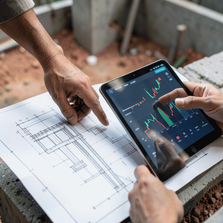Detail tangan seorang kontraktor yang membandingkan rencana blueprint konstruksi fisik dengan grafik progres biaya di tablet.