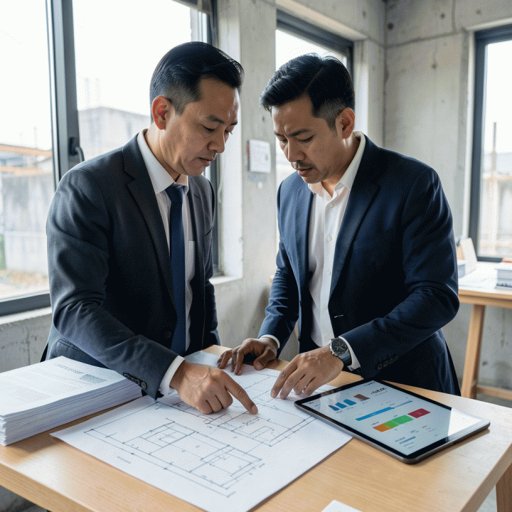 Seorang manajer proyek profesional sedang meninjau blueprint dan data estimasi biaya di kantor konstruksi yang rapi, menunjukkan proses perencanaan keuangan proyek yang terperinci.