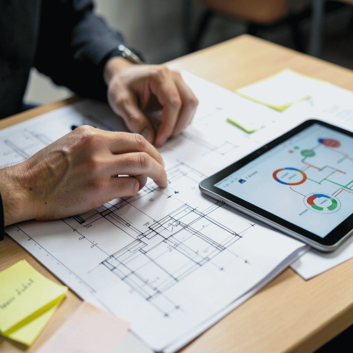Penggambaran dekat tangan yang bekerja dengan blueprint dan data estimasi di meja, menekankan perencanaan biaya dan teknis proyek.