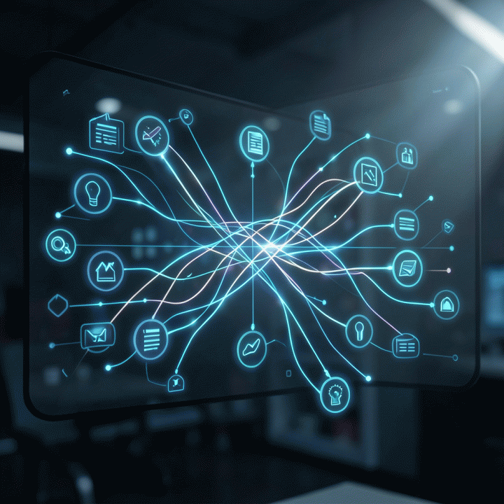 Abstract representation of manual processes transforming into organized digital operational flow.