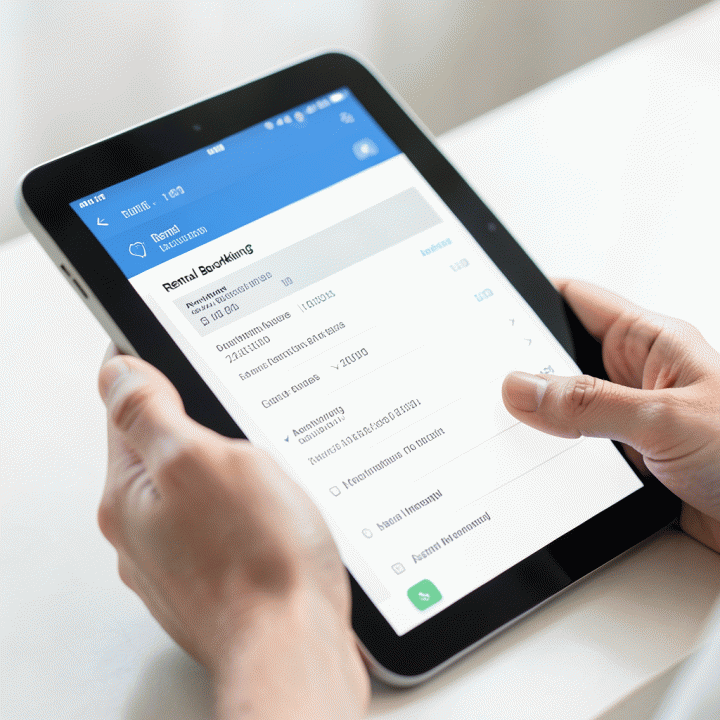 Hand interacting with a tablet showing rental schedule and inventory for business management.