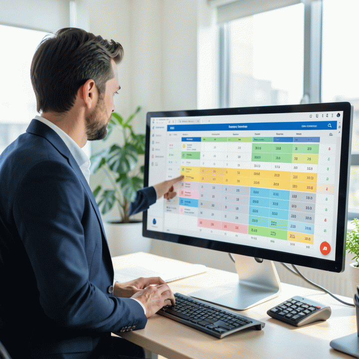 Pemilik bisnis rental meninjau kalender pemesanan digital yang terorganisir di layar monitor, menunjukkan ketersediaan aset secara real-time.
