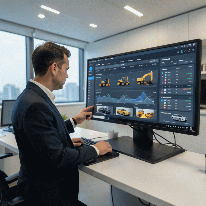 Manajer bisnis rental modern menggunakan dashboard digital canggih untuk memantau inventaris dan pemesanan aset secara real-time, menunjukkan efisiensi operasional.