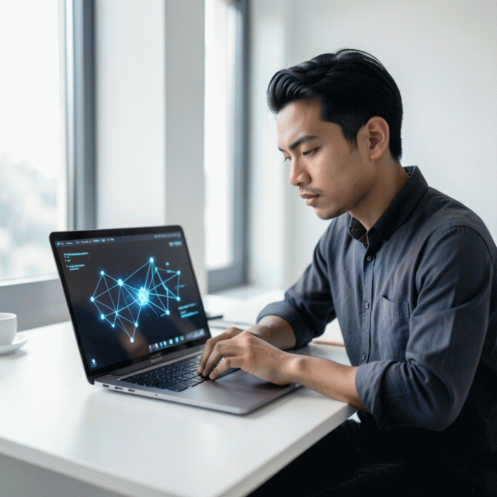 Seorang solopreneur muda Indonesia yang fokus bekerja di meja modern, laptopnya menampilkan visualisasi data abstrak yang menunjukkan pengembangan ide bisnis digital yang terstruktur dan terukur.