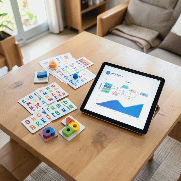 Tampilan datar (flat lay) materi belajar anak yang disandingkan dengan tablet AI, menunjukkan efisiensi dan kekayaan materi ajar.