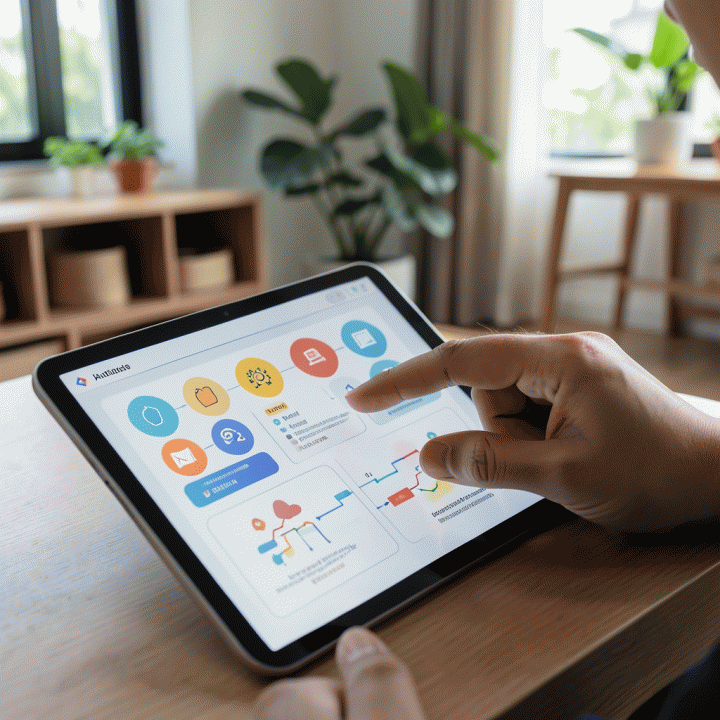 Tangan guru dan orang tua menggunakan tablet AI untuk menyusun modul ajar, fokus pada antarmuka yang intuitif dan abstrak.