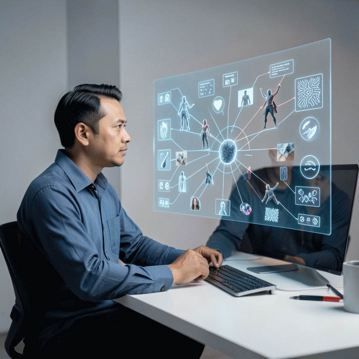 Seniman digital profesional di ruang kerja modern yang sedang melihat aset visual digital yang konsisten dan terorganisir pada layar holografik, melambangkan solusi konsistensi visual AI.